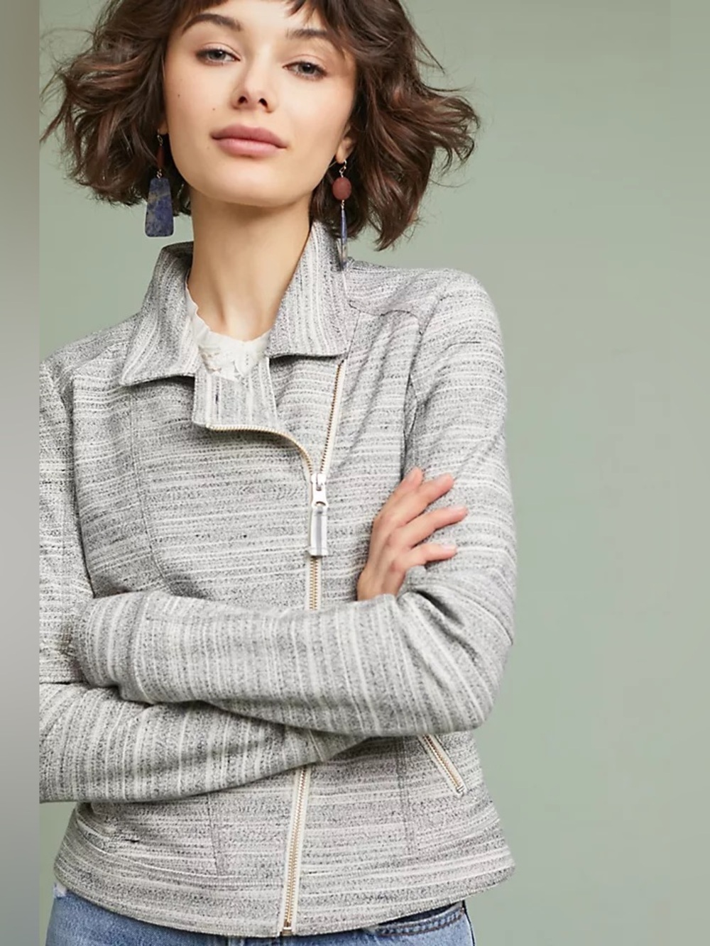 Anthropologie Caitlin Marled Knit Moto Jacket Gray Women’s Size Small Petite